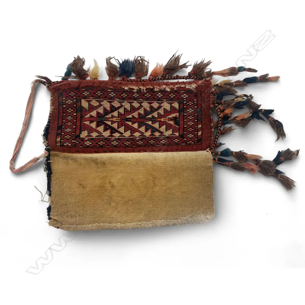 Bag – wool, - Beluch - red ground - white central panel with tree of life pattern – tassled. 46 x 21.5cm Image 1++